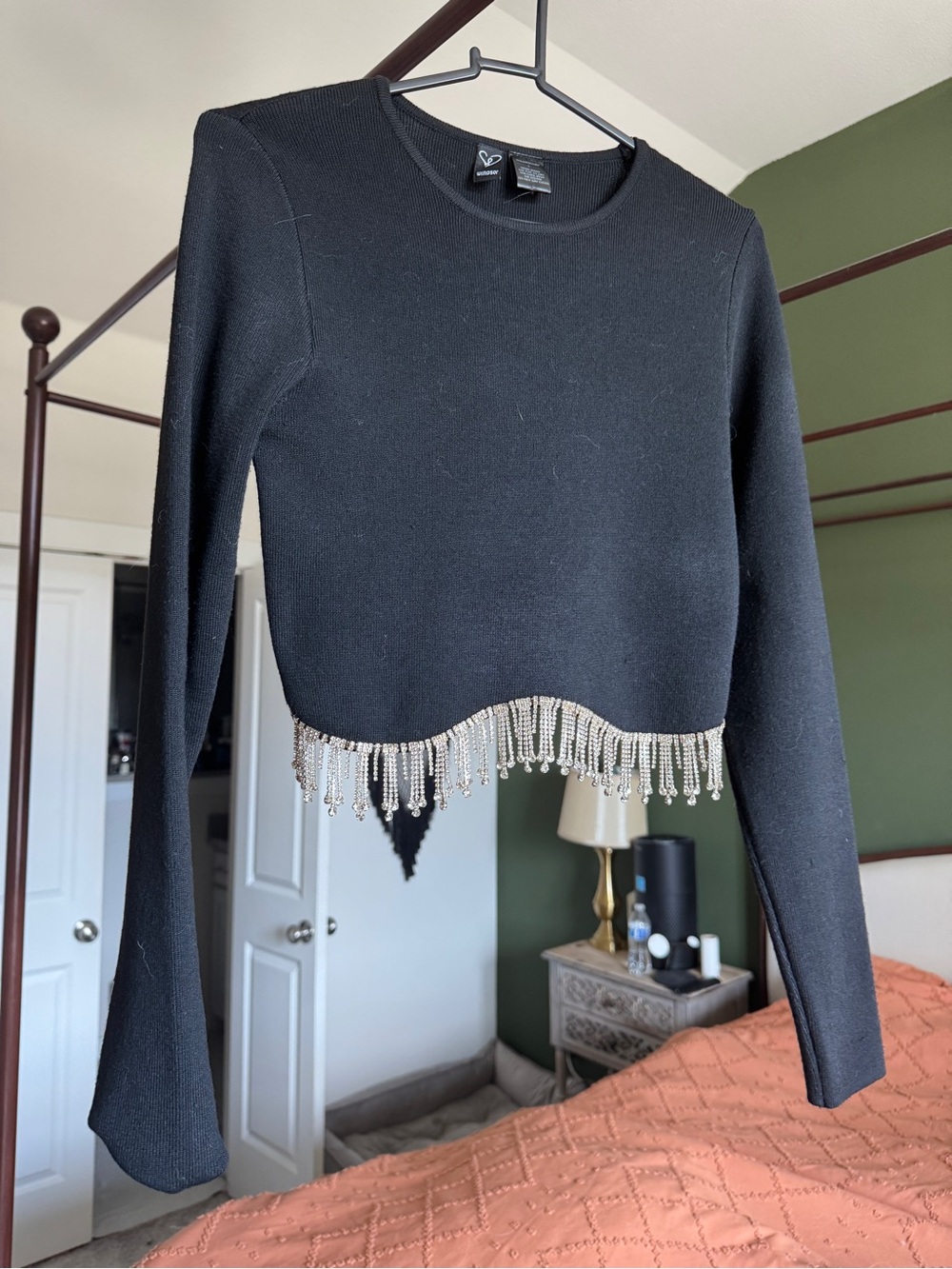 Windsor Black Long-Sleeve Cropped Top with Silver Beaded Fringe
